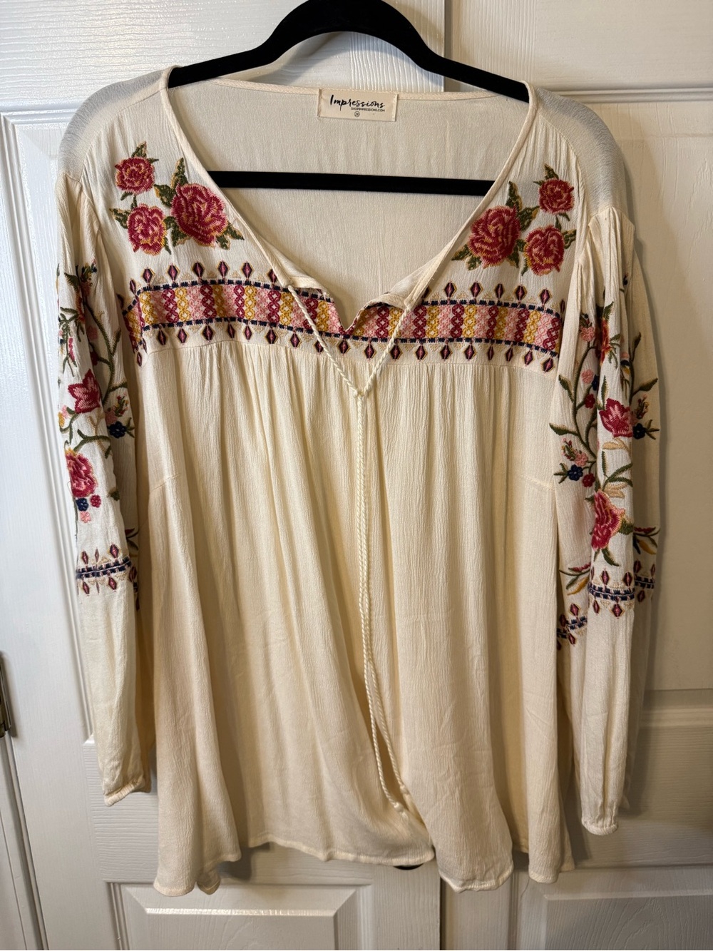 Impressions Cream Tunic with Pink Rose Embroidery